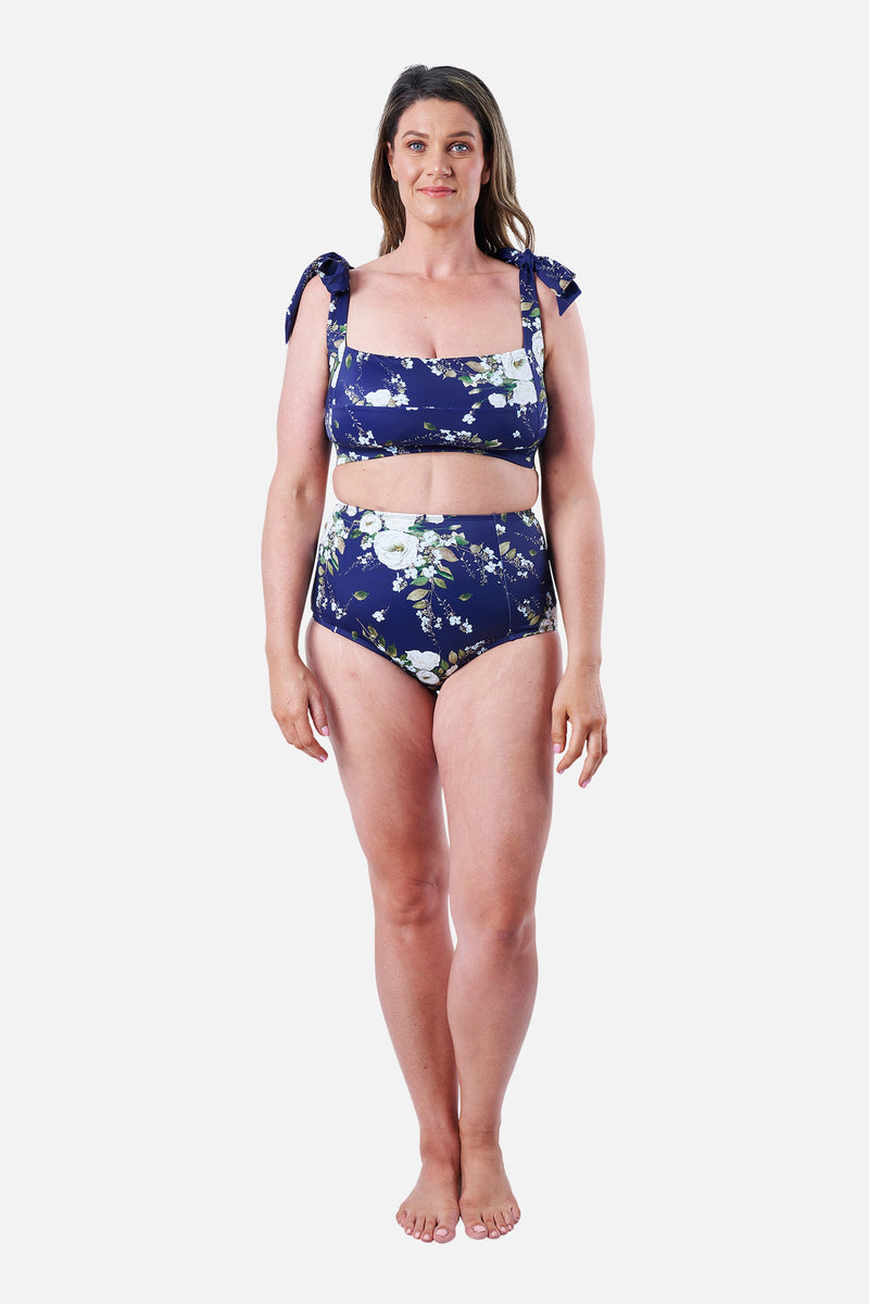 UNE PIECE-Never Say Never High-Waisted Bikini Bottom LONDON BOTANICAL NAVY