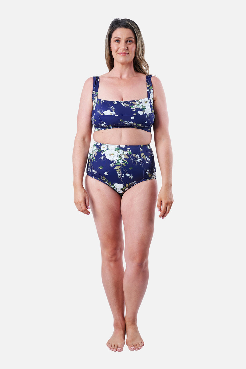 UNE PIECE-Never Say Never High-Waisted Bikini Bottom LONDON BOTANICAL NAVY