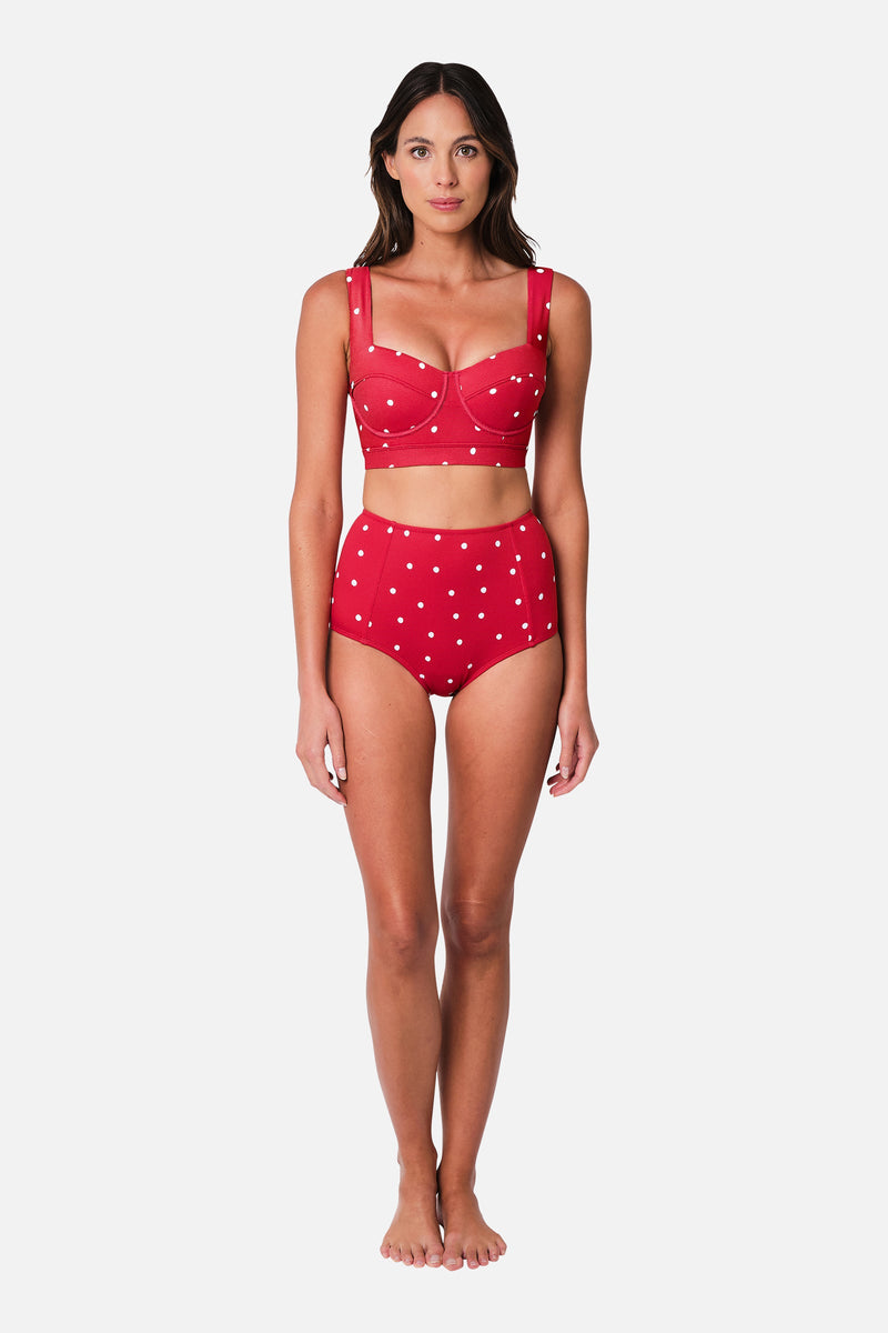 UNE PIECE-Never Say Never High-Waisted Bikini Bottom POLKA ROUGE TEXTURE