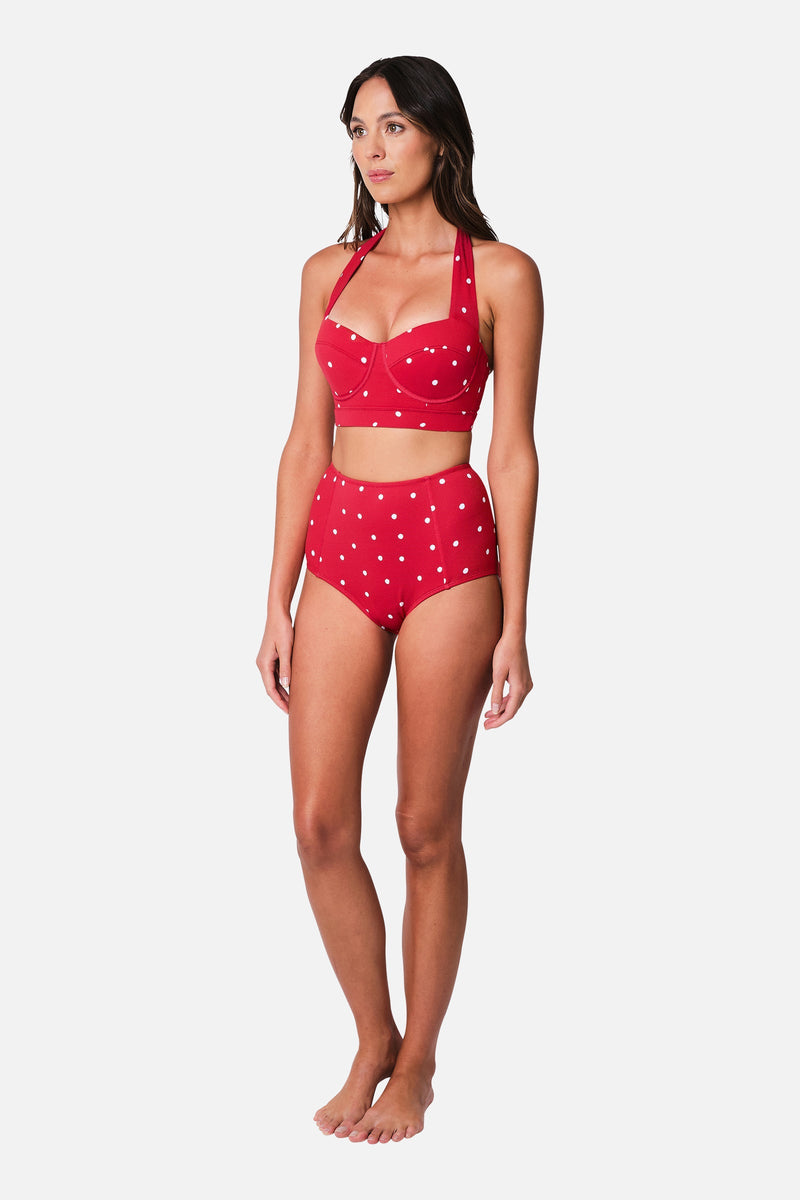 UNE PIECE-Never Say Never High-Waisted Bikini Bottom POLKA ROUGE TEXTURE