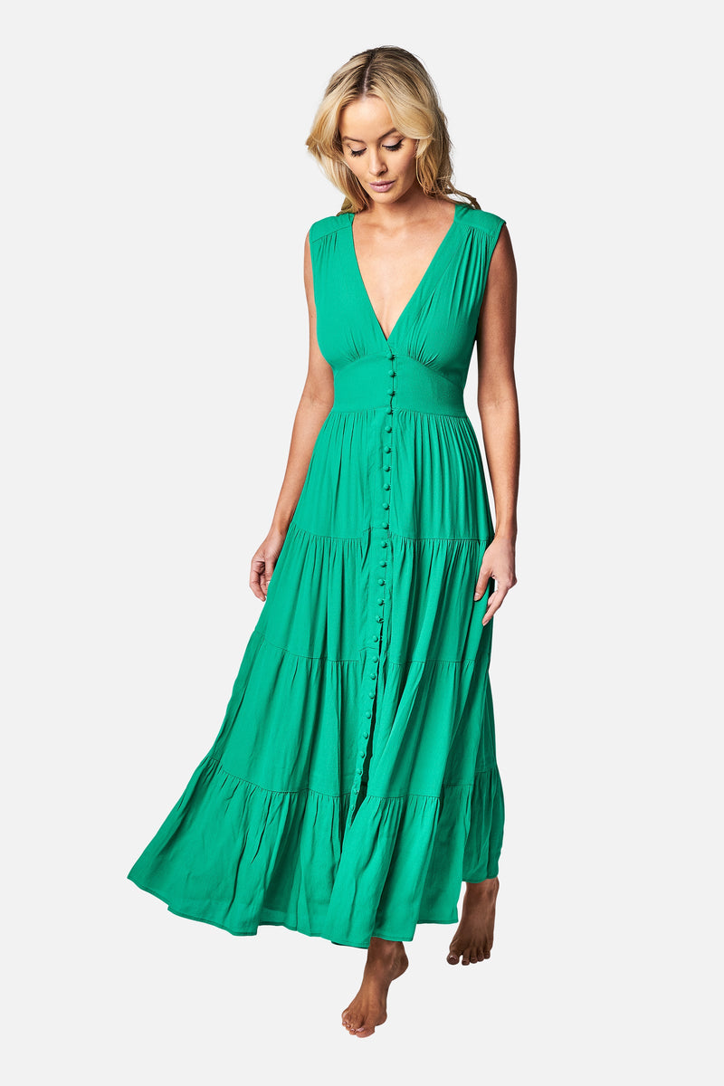 UNE PIECE-V-Neck Tiered Maxi Dress GREEN