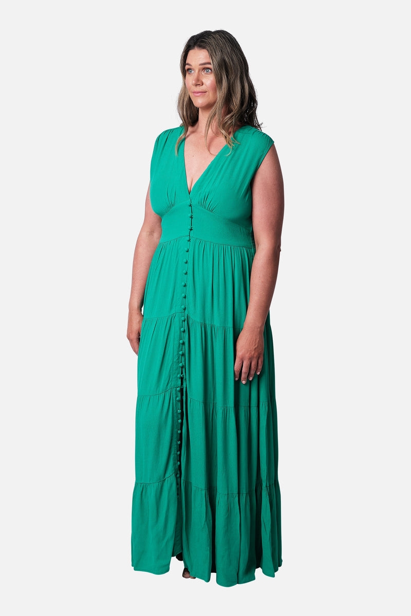 UNE PIECE-V-Neck Tiered Maxi Dress GREEN