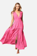 UNE PIECE-V-Neck Tiered Maxi Dress PINK