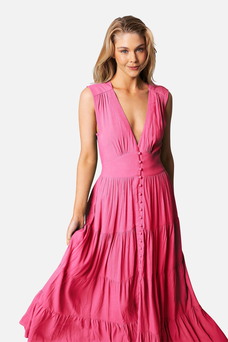 UNE PIECE-V-Neck Tiered Maxi Dress PINK