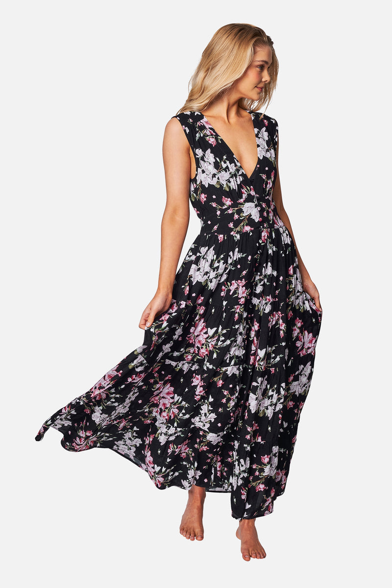 UNE PIECE-V-Neck Tiered Maxi Dress BAUHINIA BLACK