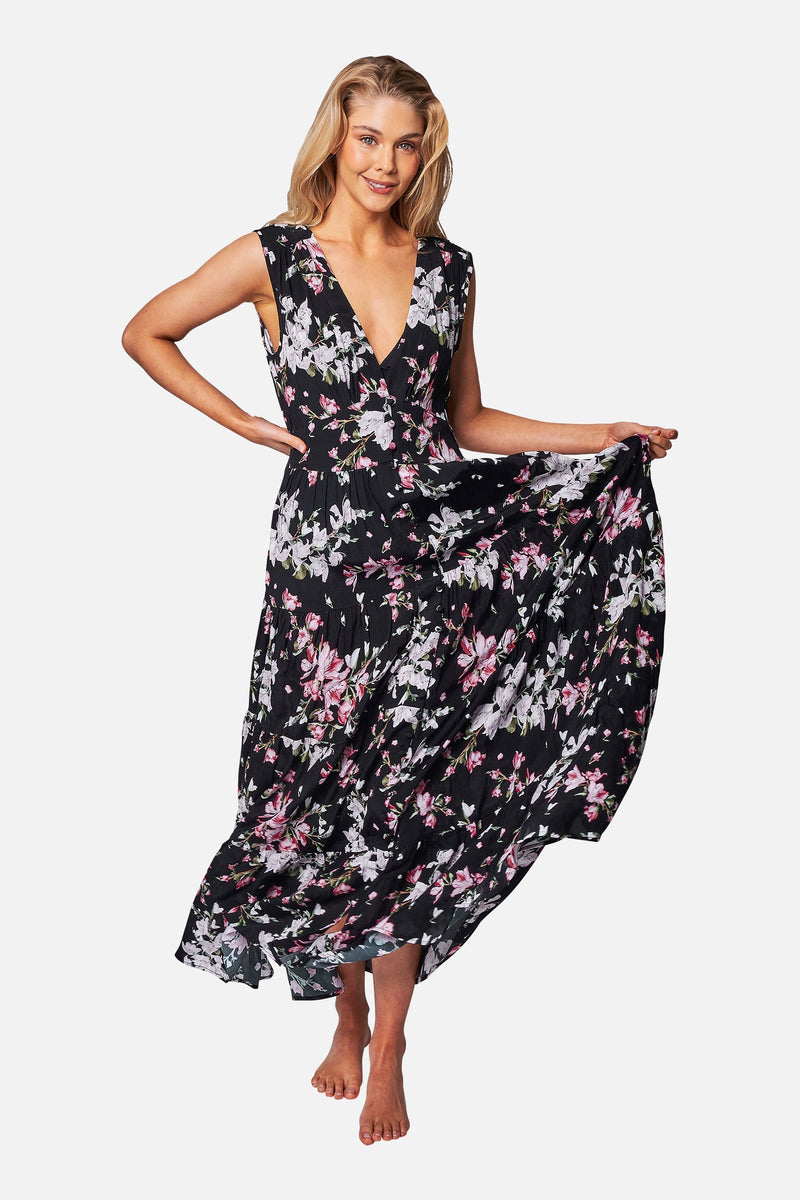 UNE PIECE-V-Neck Tiered Maxi Dress BAUHINIA BLACK