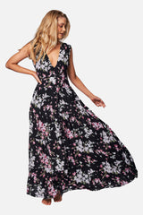 UNE PIECE-V-Neck Tiered Maxi Dress BAUHINIA BLACK